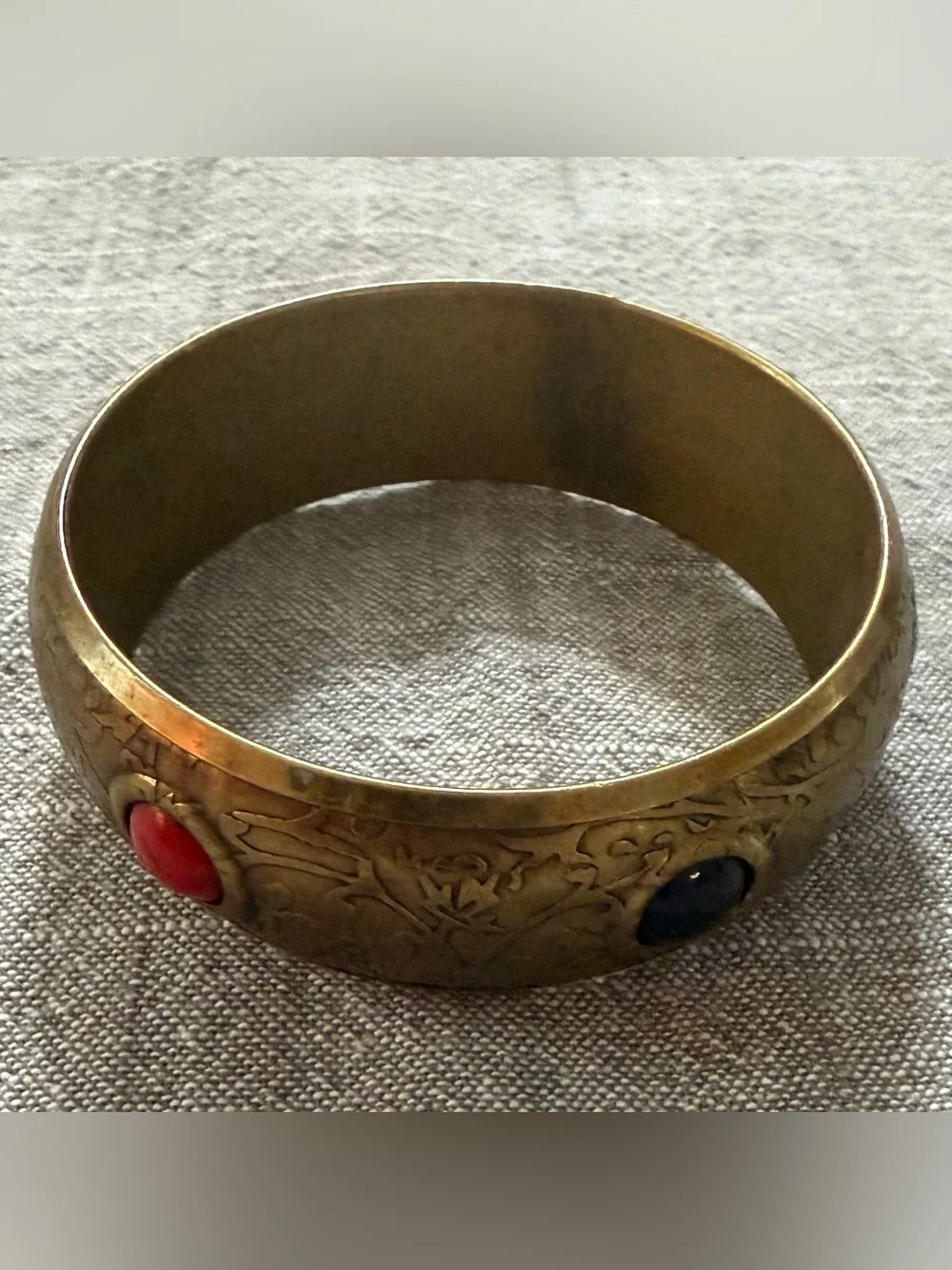 Vintage Brass Accent Bangle with Turquoise Inlay - Gold Finish